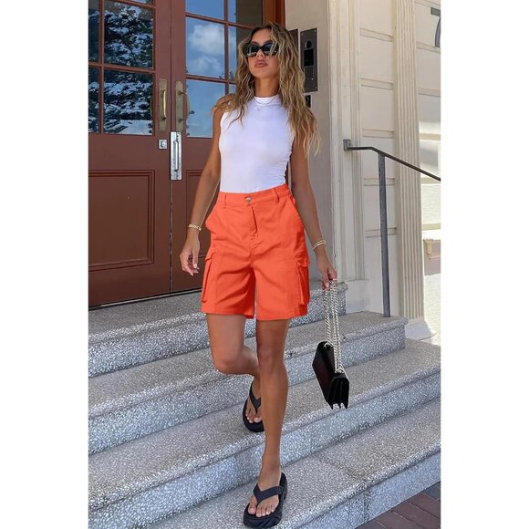 Women's Bermuda Cargo Shorts Knee Length 6 Pockets Elastic Waist Summer Wear - Picture 4 of 5